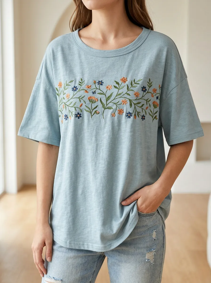 Modern Casual Floral Print Embroidered Detail Women's Everyday Short Sleeve T Shirt