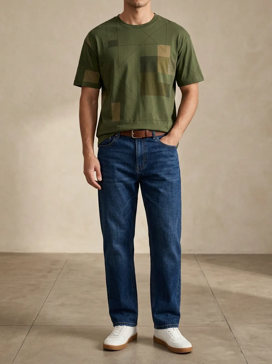Men's Geometric Pattern Olive Printed T-Shirt and Denim Jeans Set