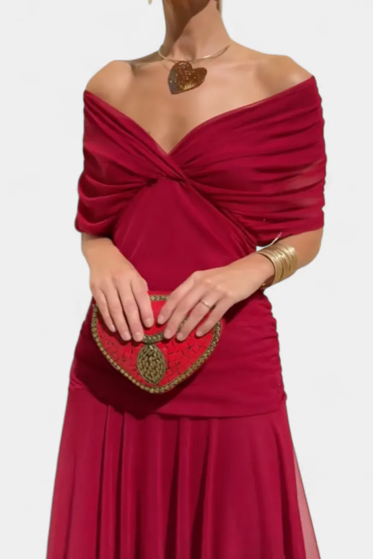  Off Shoulder V Neck Midi Dress