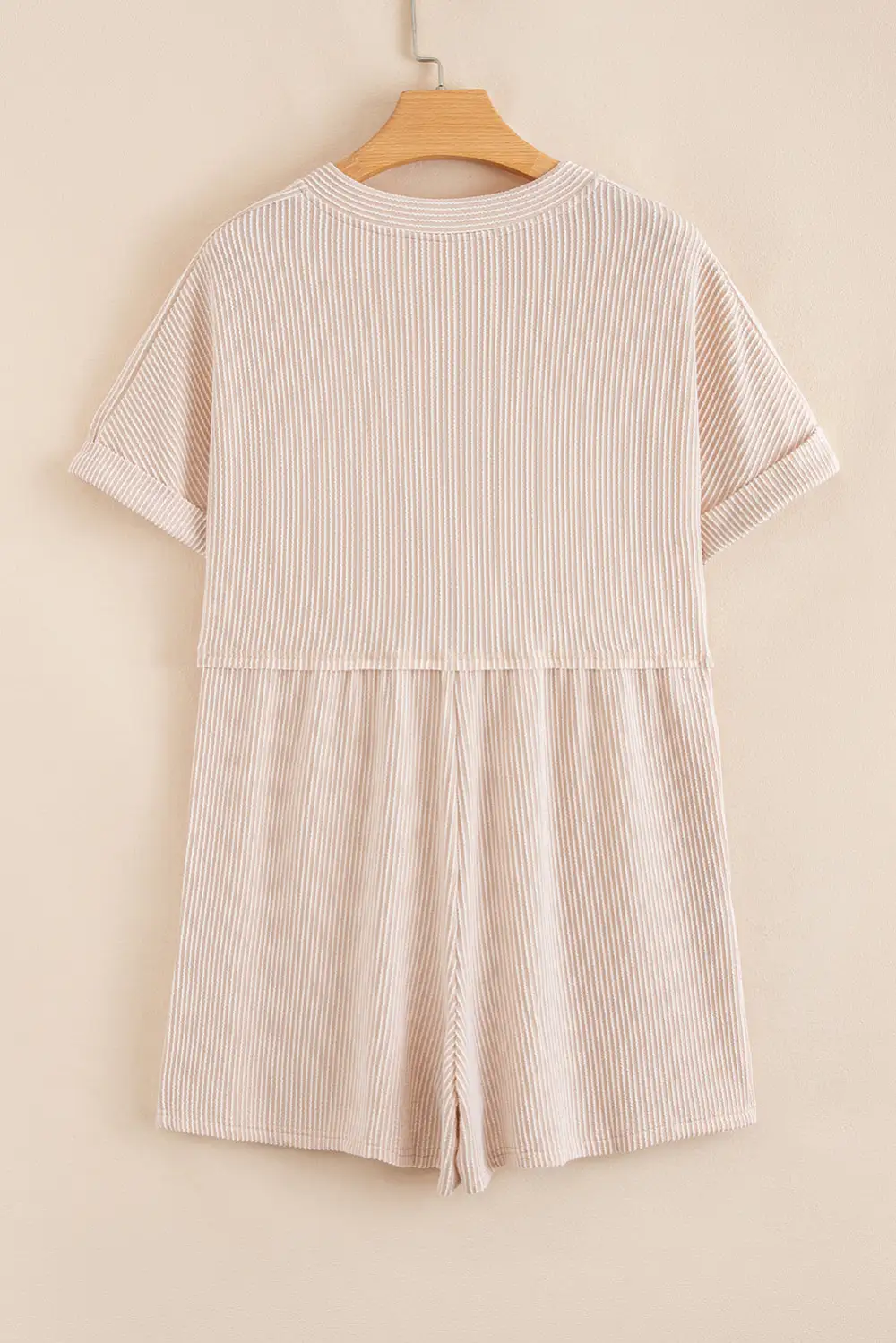 Spiral Ribbed Short Sleeve V Neck Buttoned Romper With Pocket
