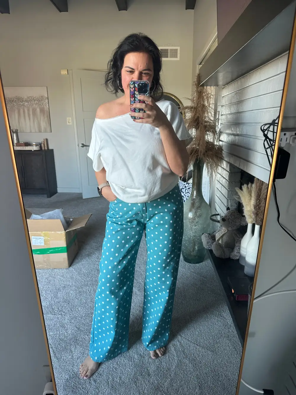 Denim Polka Dot Wide Leg Relaxed Fit Jeans