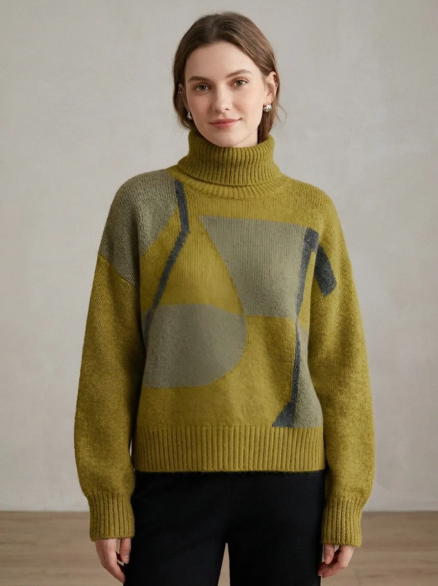 Women's Abstract Geometric Pattern Printed Turtleneck Sweater