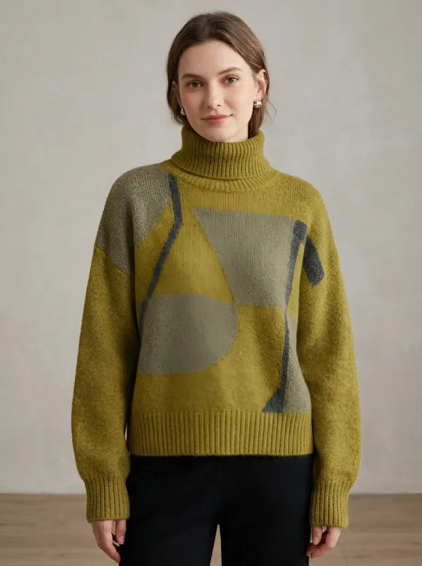 Women's Abstract Geometric Pattern Printed Turtleneck Sweater