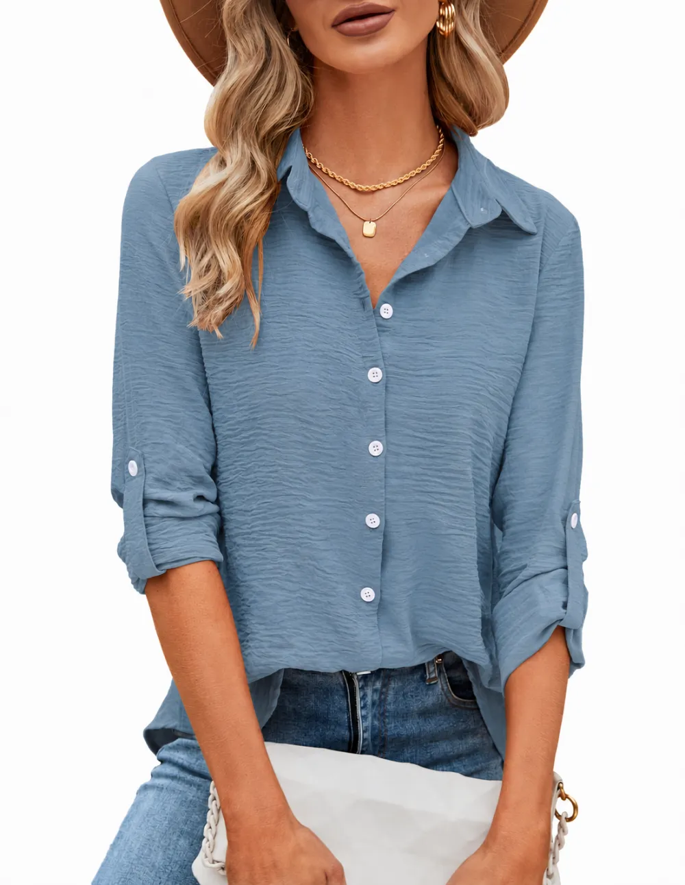 Women's Crinkled Roll-Tab Button Front Blouse