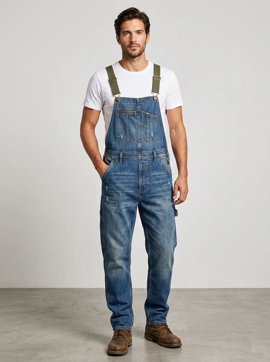 Men's Casual Workwear Denim Bib Overalls with Distressed Finish