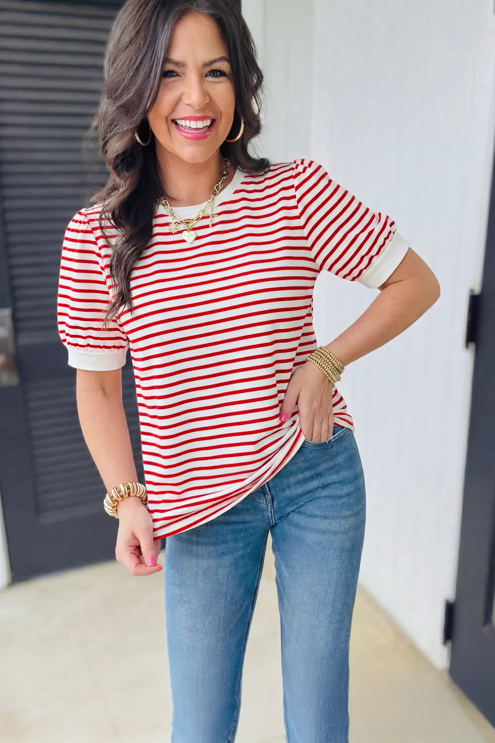 Red Stripe Contrast Trim Round Tee