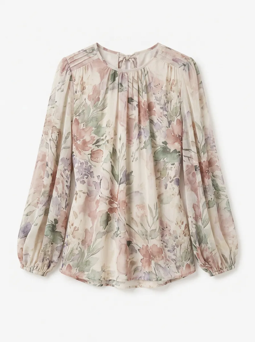 Women's Floral Watercolor Print Long Sleeve Chiffon Blouse
