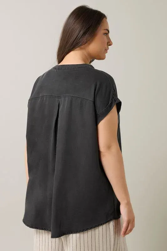 Black Lyocell Short Sleeve Denim Shirt