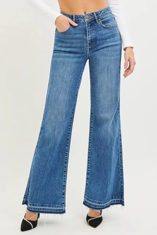 Denim High Rise Wide Leg Raw Hem Jeans
