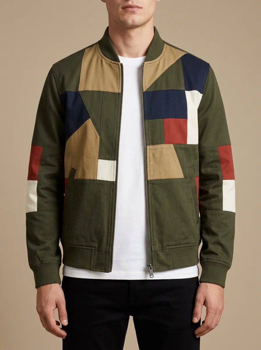 Men's Geometric Colorblock Patchwork Printed Bomber Jacket Everyday Design