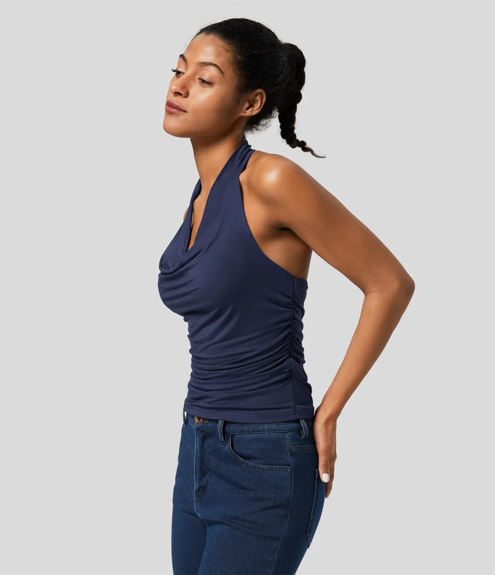 Halter Cowl Neck Backless Ruched Casual Tank Top