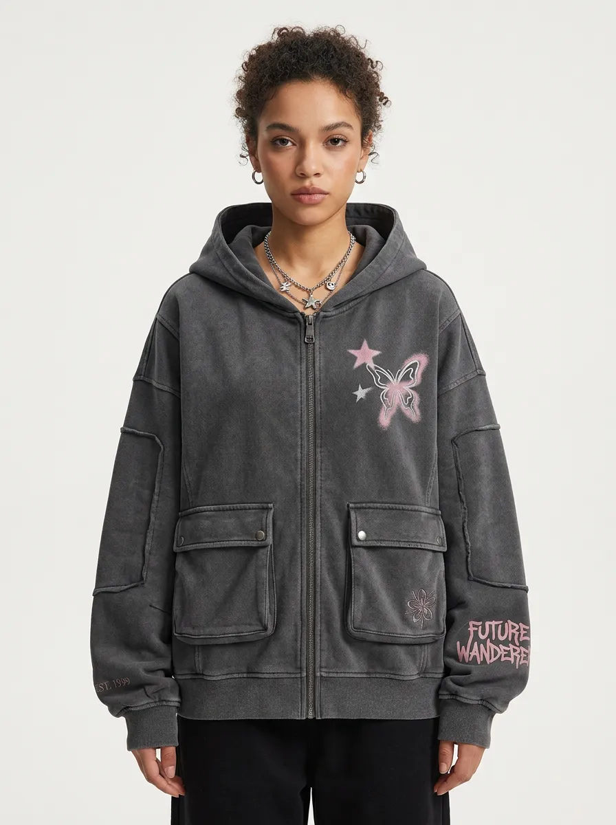 Women's Streetwear Butterfly Star Graphic Printed Zip-up Hoodie