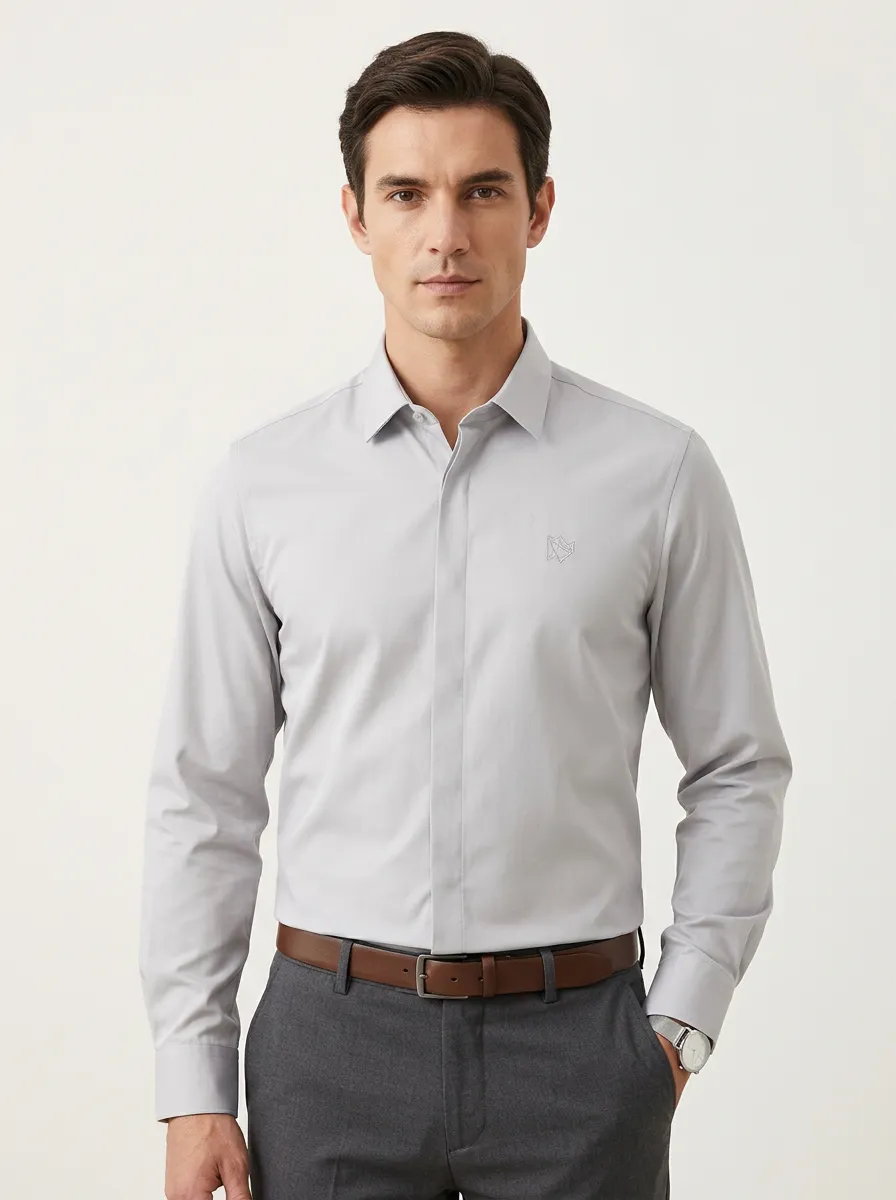 Men's Non-Iron Cotton Light Grey Hidden Placket Embroidered Dress Shirt
