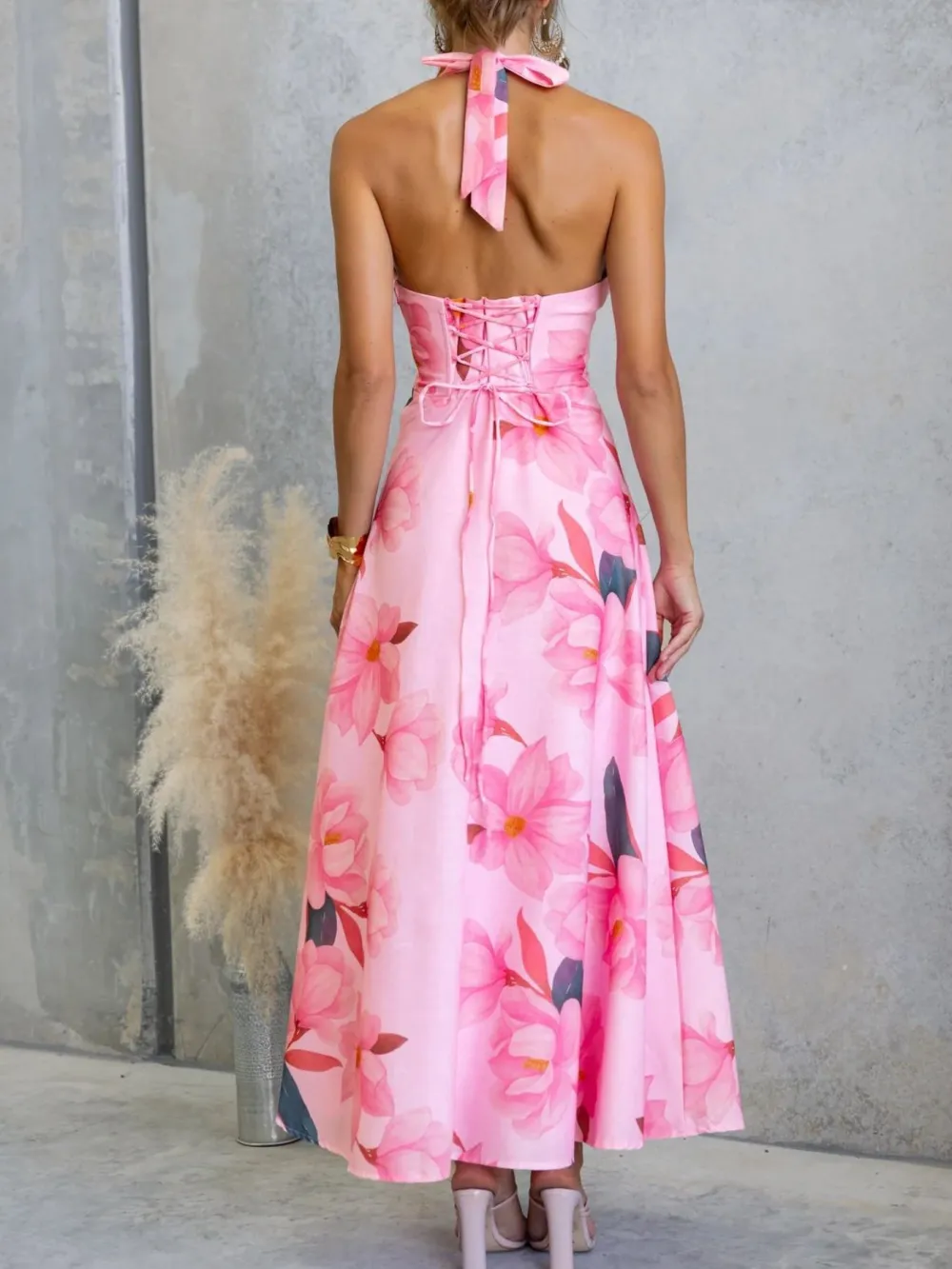 Casual Floral Print Halter Neck Maxi Dress