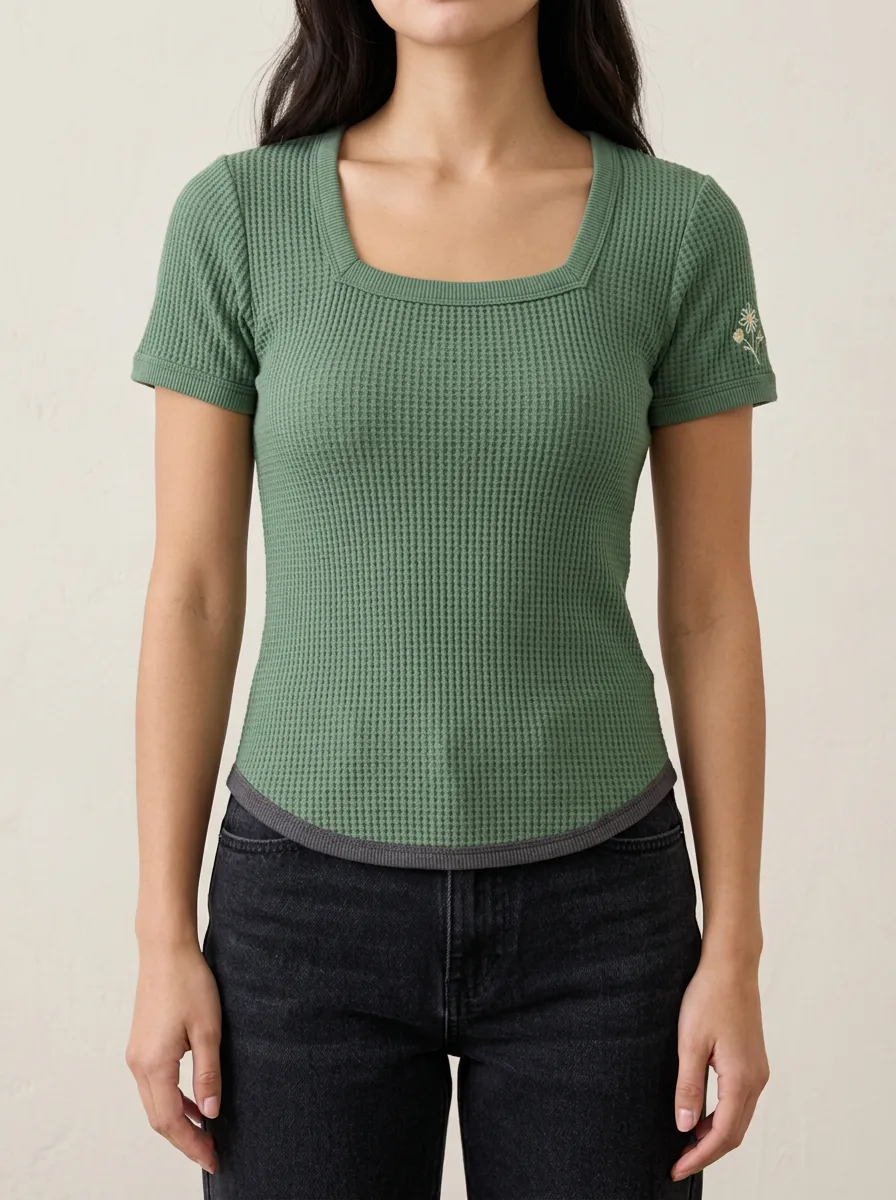 Modern Weekend Floral Embroidered Waffle Knit Printed Top