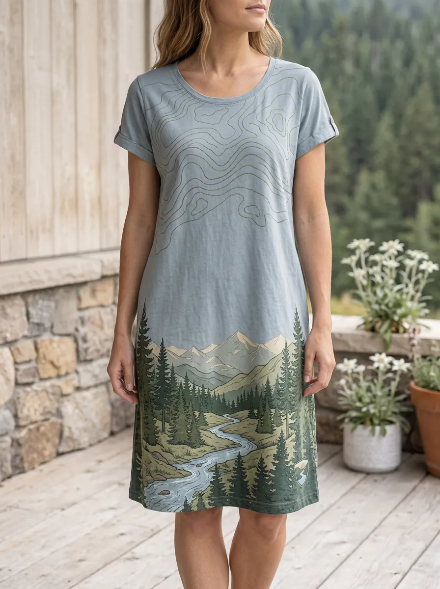 Women's Nature Lover Mountain River Topographic Printed Dress