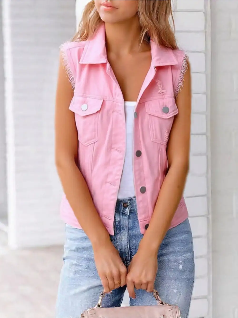 Button-down Raw-hem Sleeveless Denim Jacket