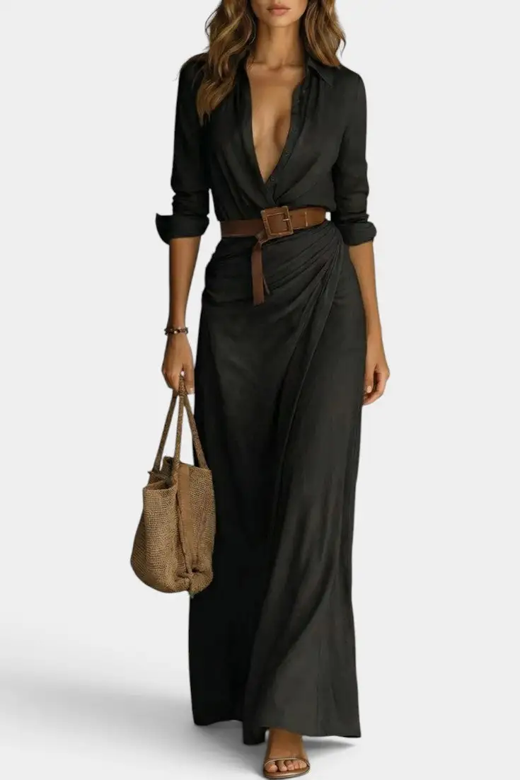 Shirt-Style V-Neck Maxi Dress