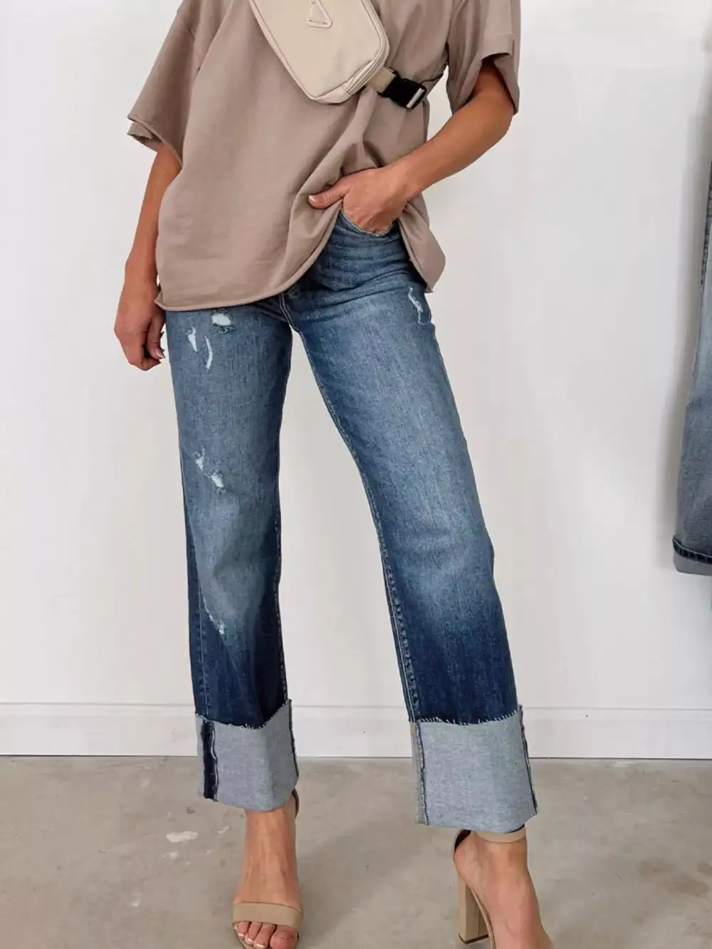 High-Waist Distressed Washed Stretch Straight Leg Jeans
