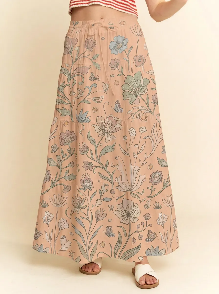 Women's Boho Floral Butterfly Botanical Printed Maxi Skirt