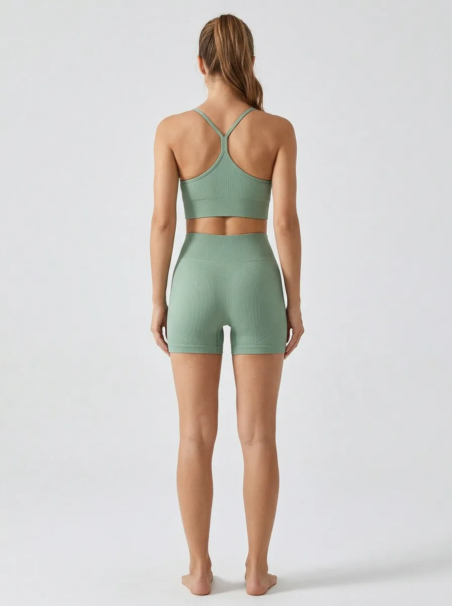 Dynamic Ribbed Texture Seamless Design Shape Women's Tank Top And Sports Shorts Set