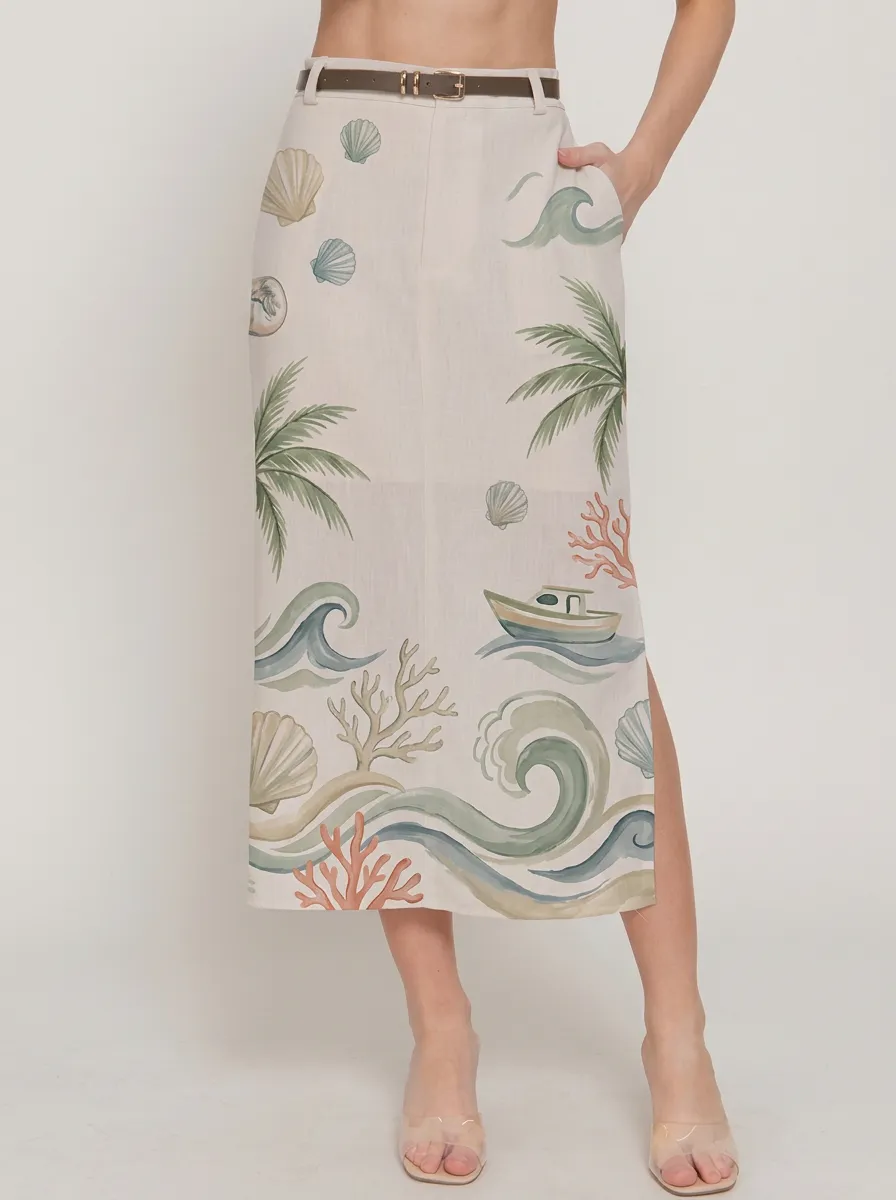 Women's Beach Vacation Ocean Shell Palm Tree Printed Skirt