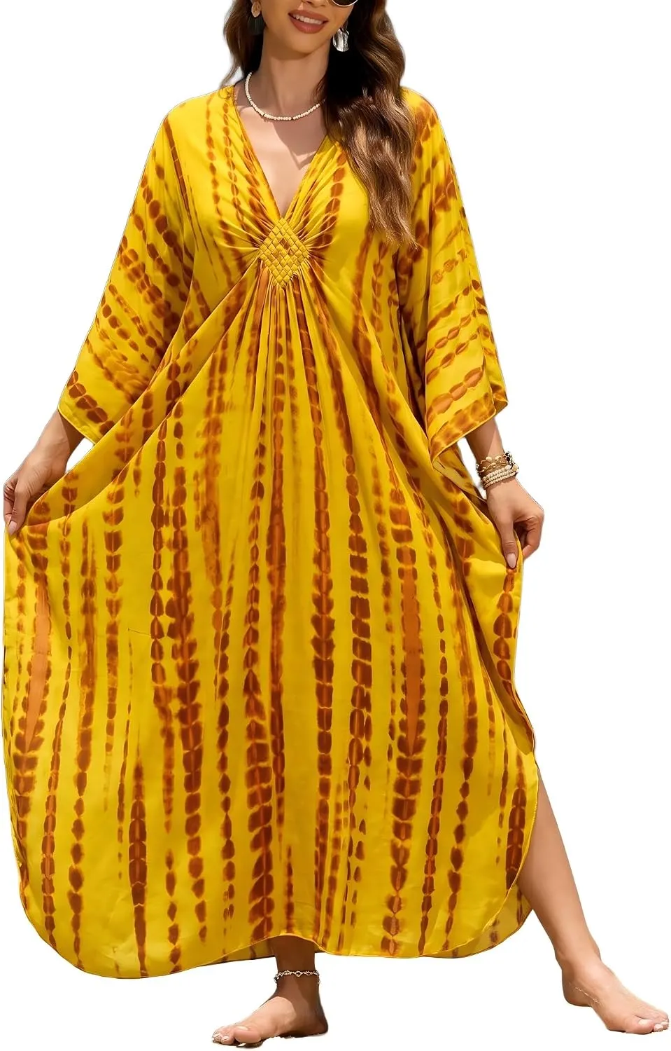 IMAGEKOPE Kaftan Dresses for Women Plus Size V-Neck Moo Moos Batwing Kaftan Beach Dress Bathing Suit Cover-Up Loungewear