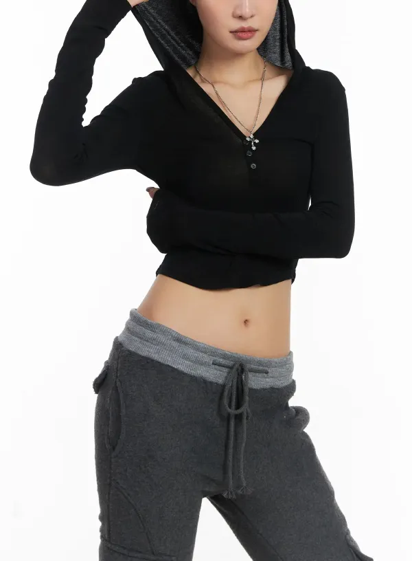 Buttoned Hooded Long Sleeve Crop Top