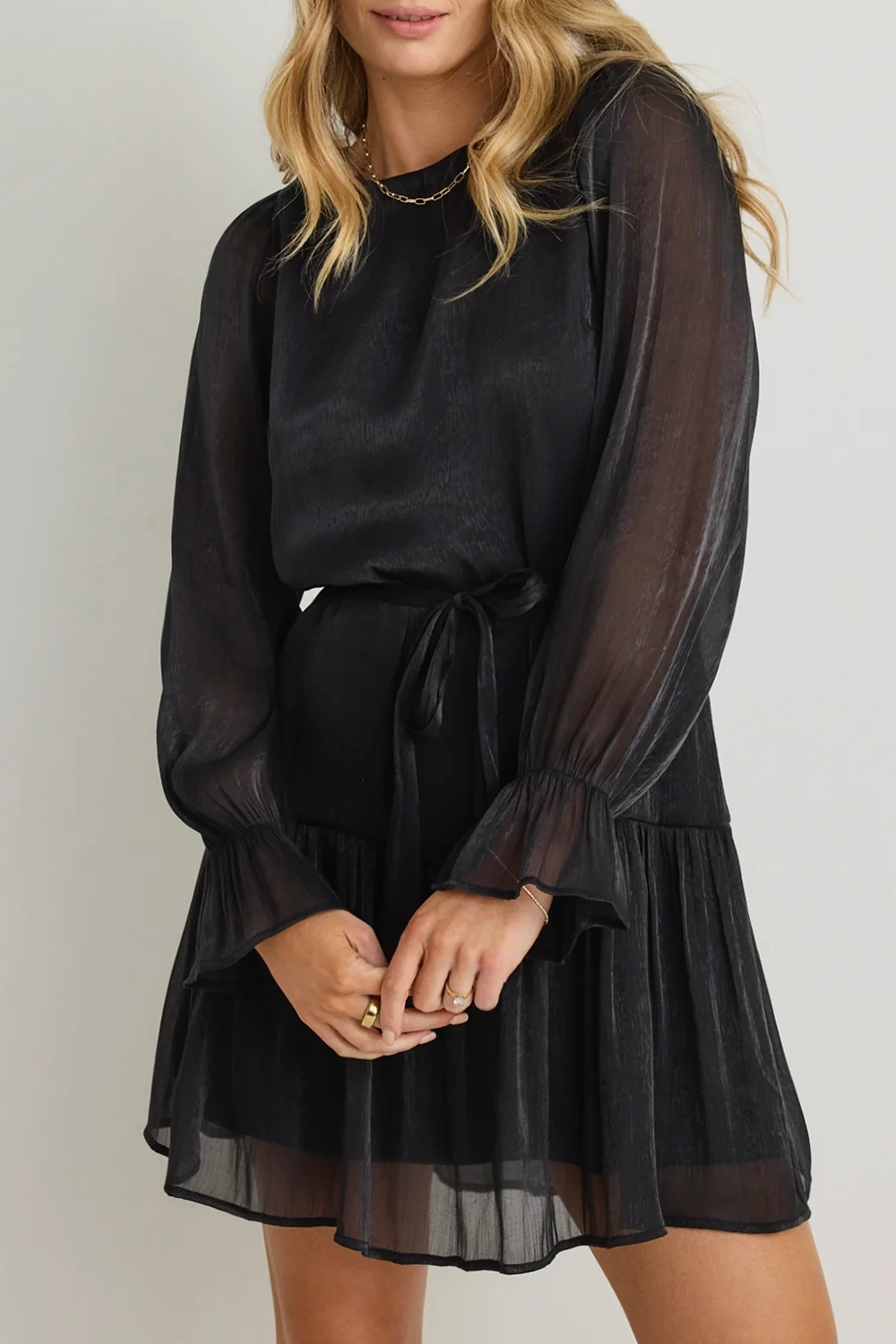 Black Chiffon Long - Sleeve Mini Dress