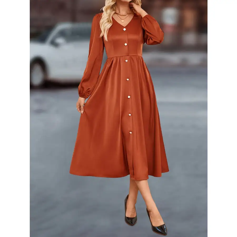 V-Neck Balloon Sleeve Midi Dress