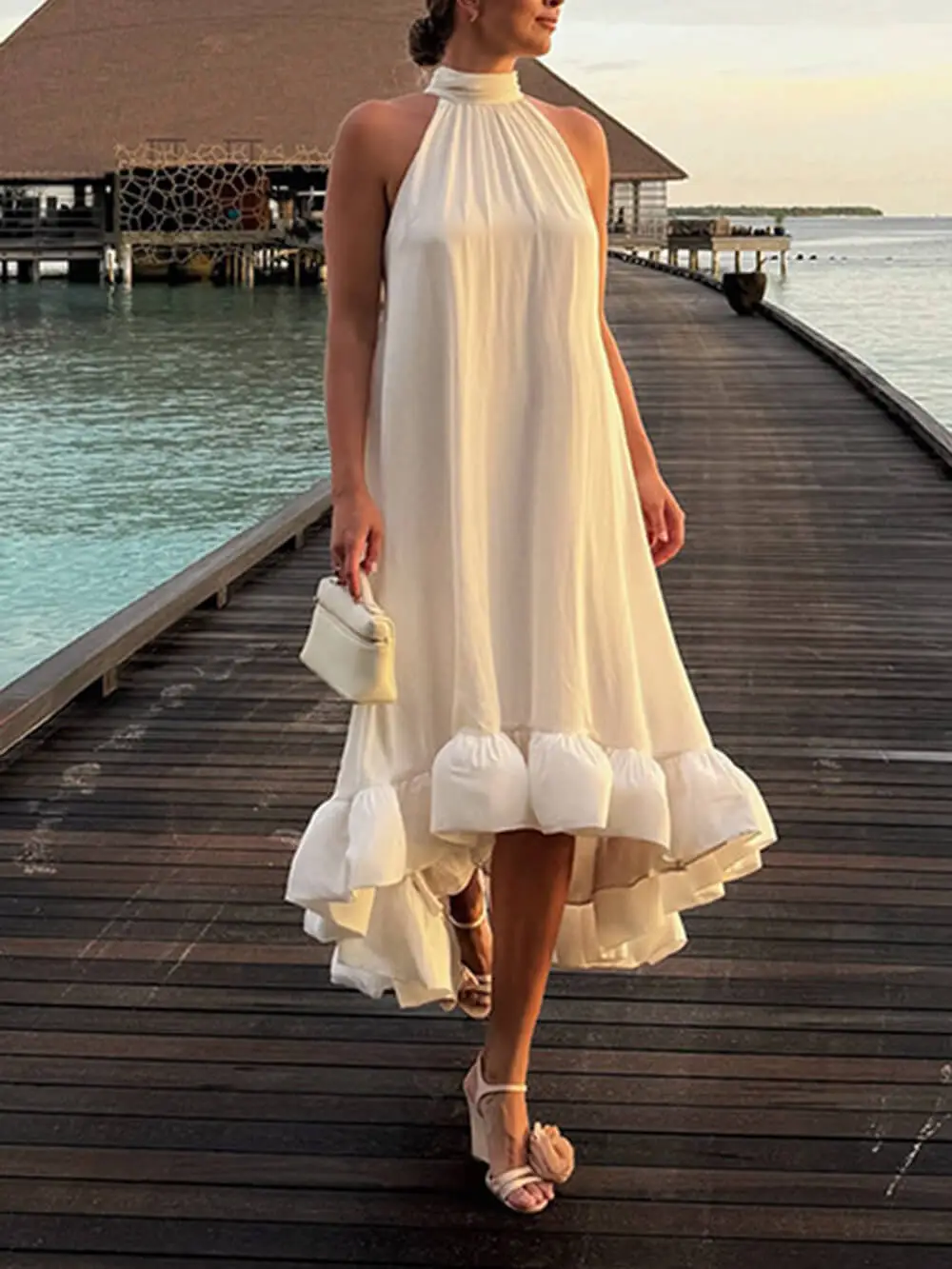 Elegant Ruffled Halter Neck Sleeveless Midi Dress