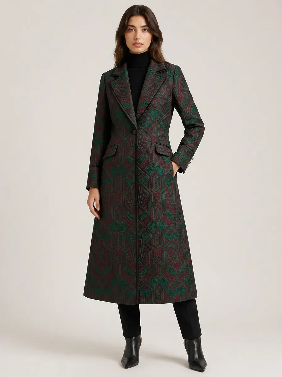 Women's Geometric Art Deco Pattern Jacquard Long Coat