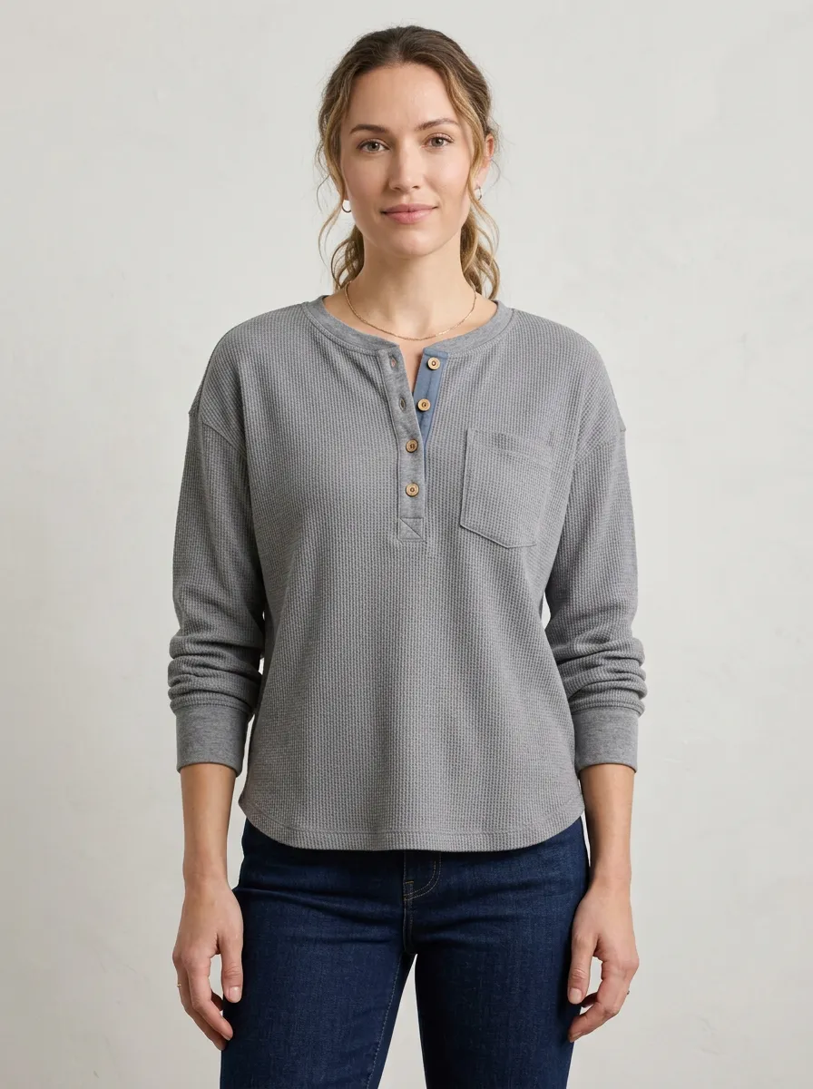 Women's Casual Waffle Knit Buttoned Pocket Henley Shirt