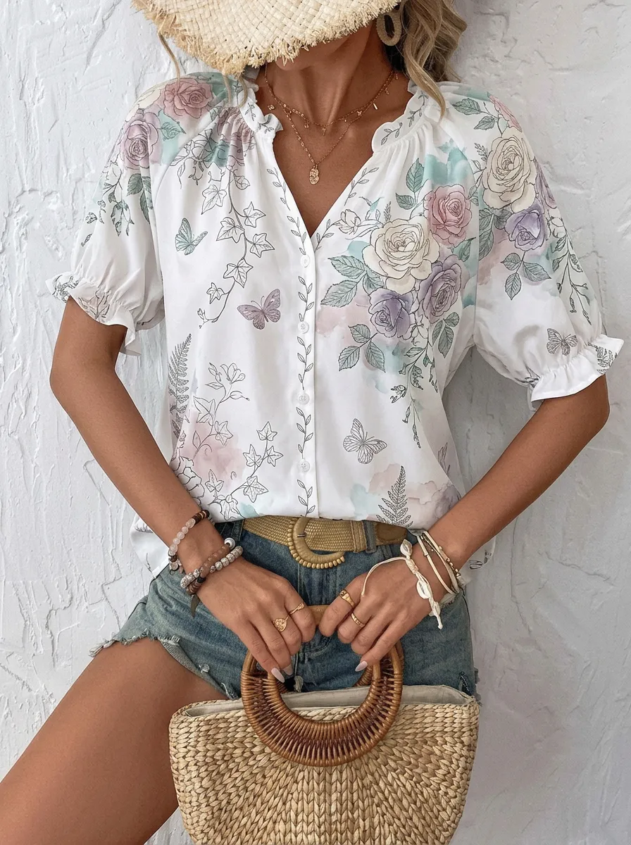 Women's Floral Butterfly Botanical Printed Button-Down Blouse