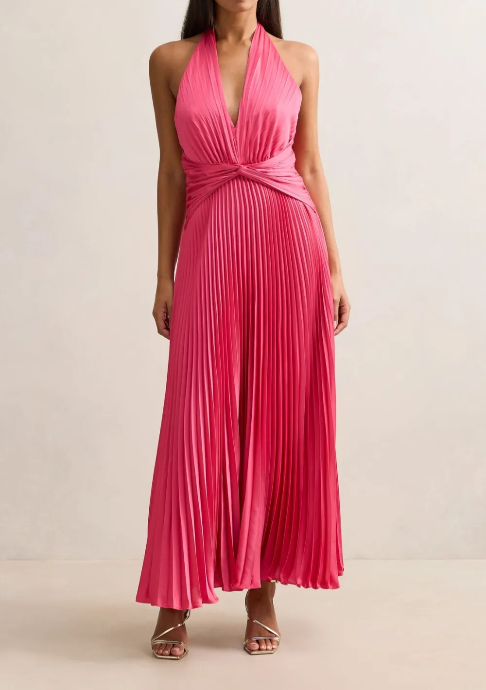Bright Pink Pleated Halter Neck Satin Maxi Dress
