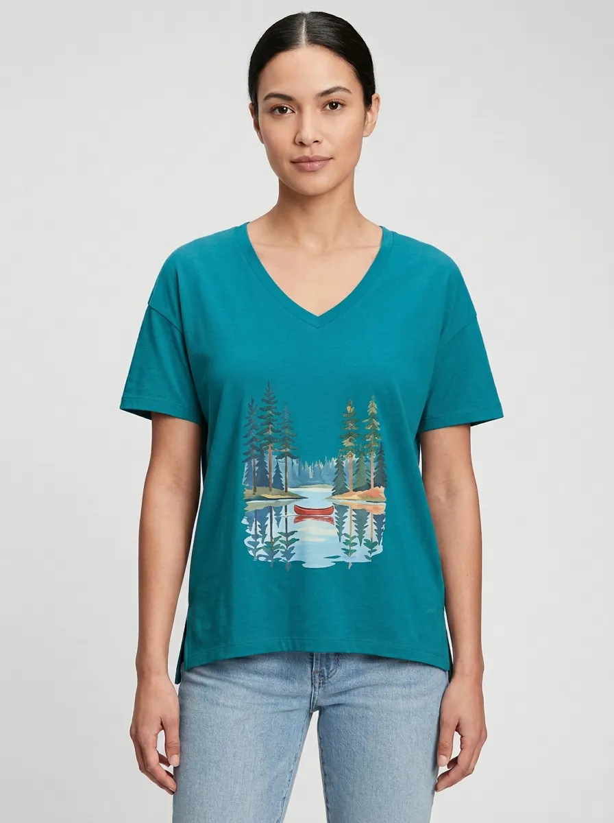 Women's Canoe Lake & Forest Graphic V-Neck T-Shirt