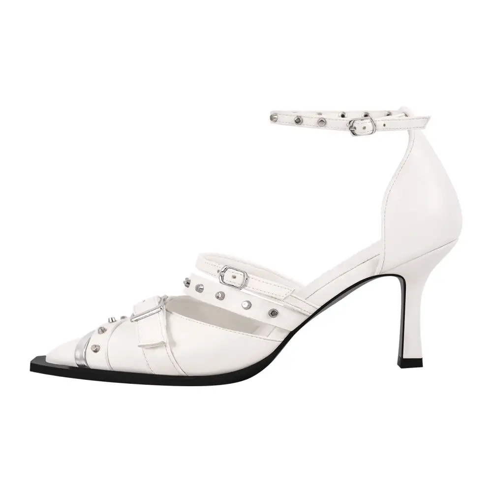 Modern Rivet Pointed Toe Stiletto Ankle Strap Pumps