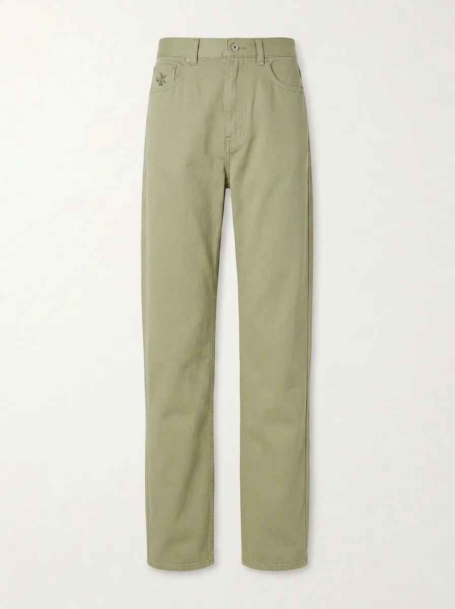 Women's Minimalist Olive Green Bee Embroidered Mid-Rise Straight Leg Pants