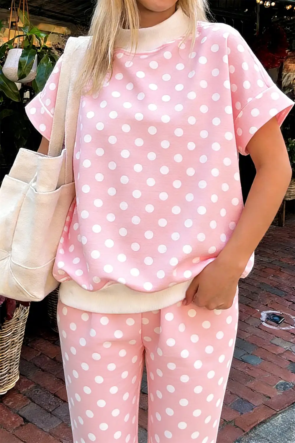 Women's Polka Dot Print Mock Neck Short Sleeve Top Shift Pant Set