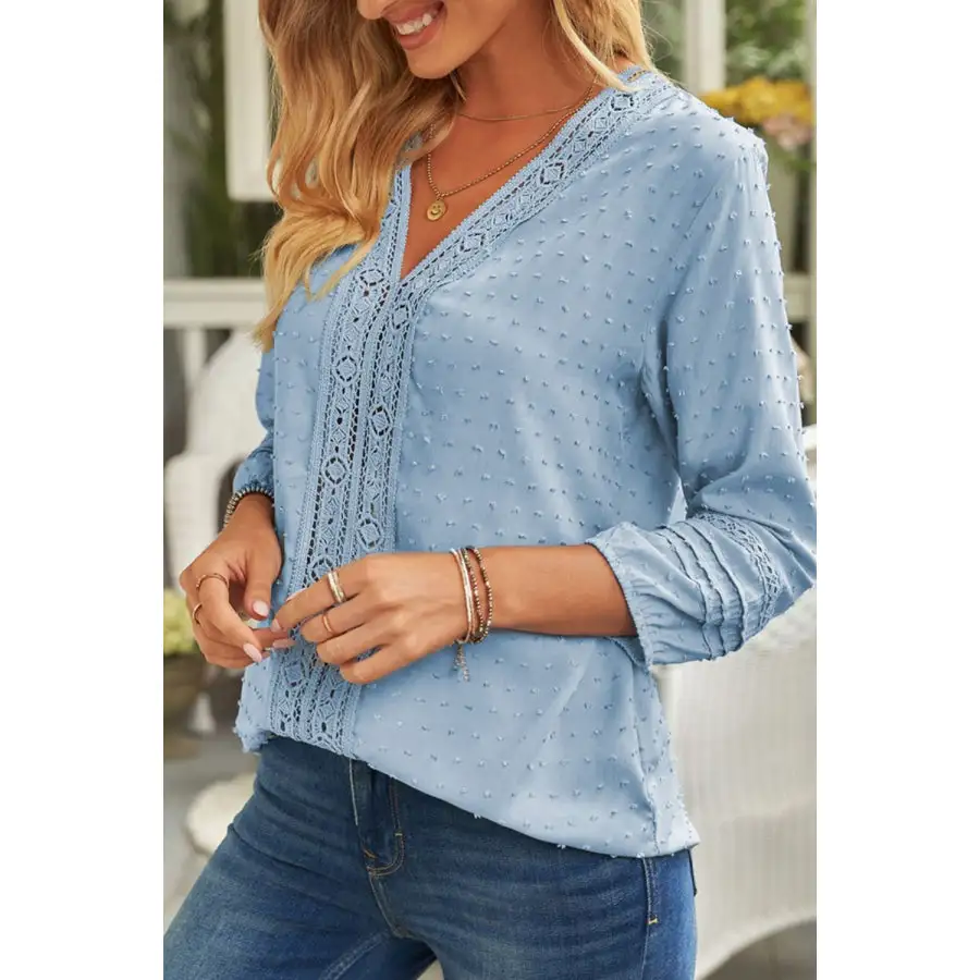 Swiss Dot V Neck Long Sleeve Blouse