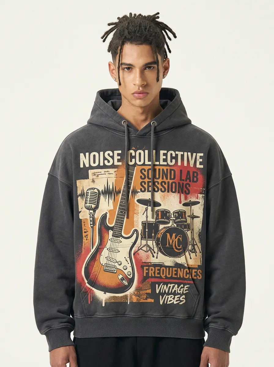 Men's Rock Band Music Lover Guitar Drum Printed Hoodie
