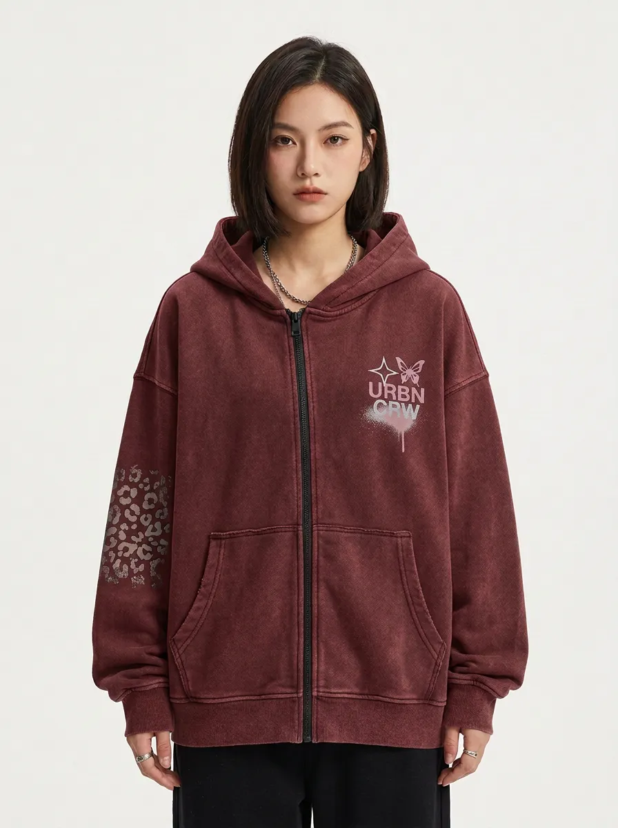 Women's Streetwear URBN CRW Butterfly Leopard Printed Zip-up Hoodie