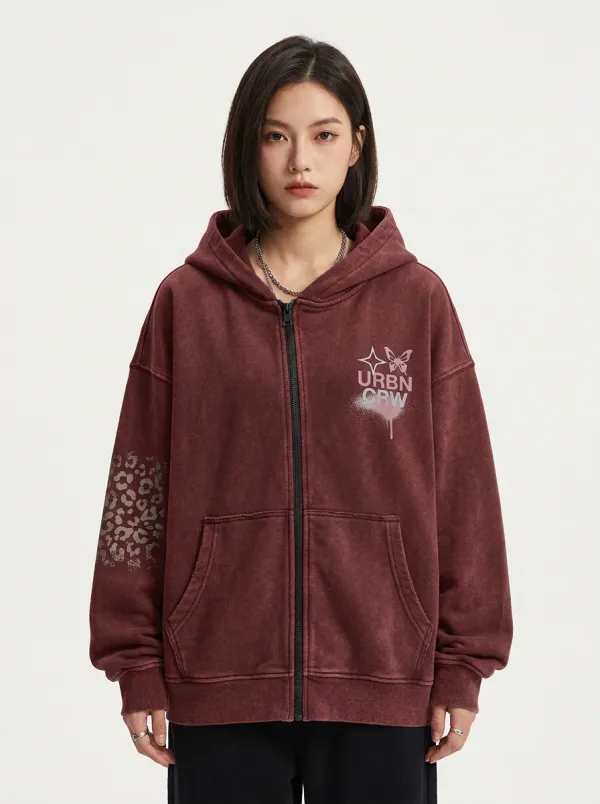 Women's Streetwear URBN CRW Butterfly Leopard Printed Zip-up Hoodie