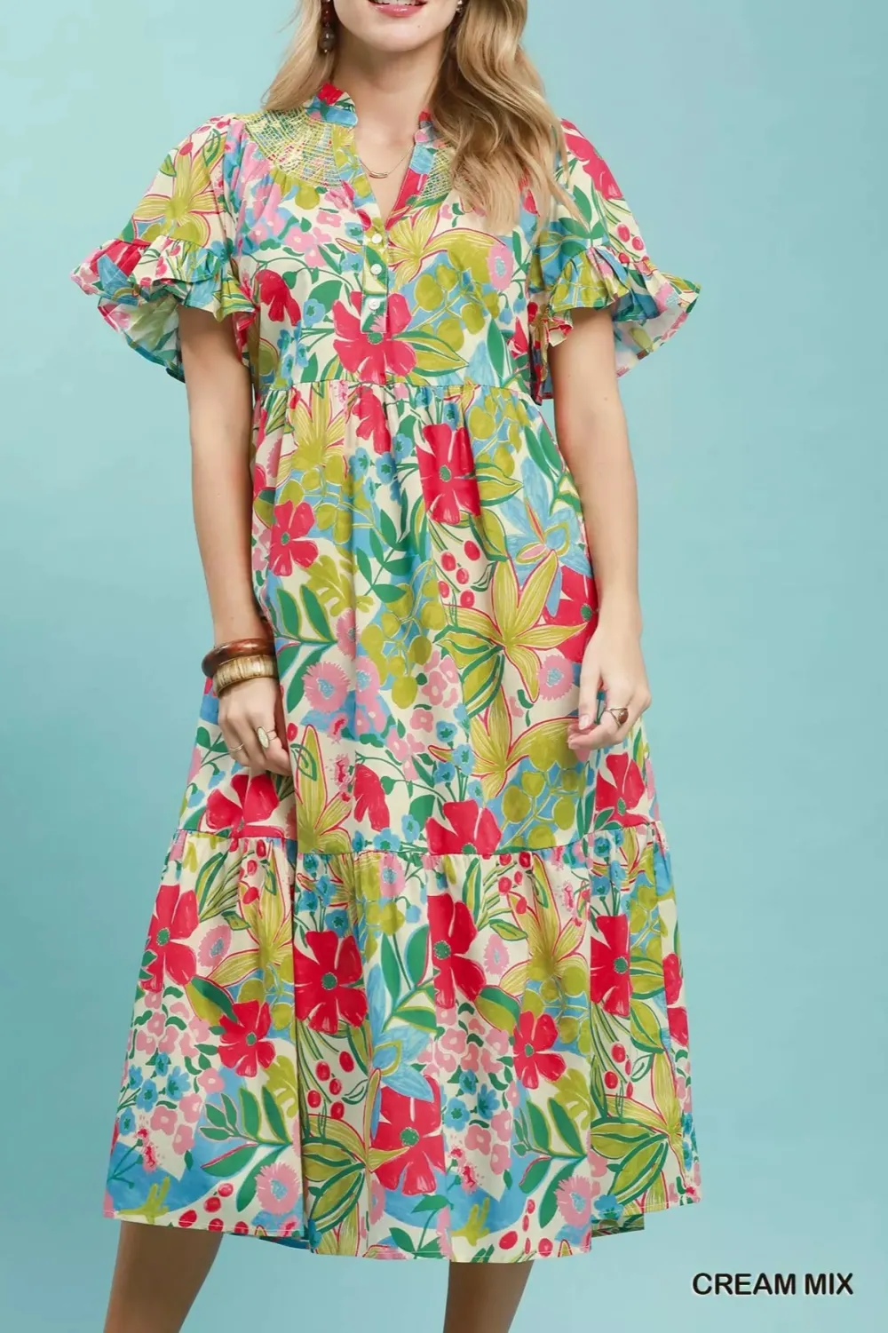 Tropical Print Ruffle Sleeve Tiered Pocketed Midi Dress