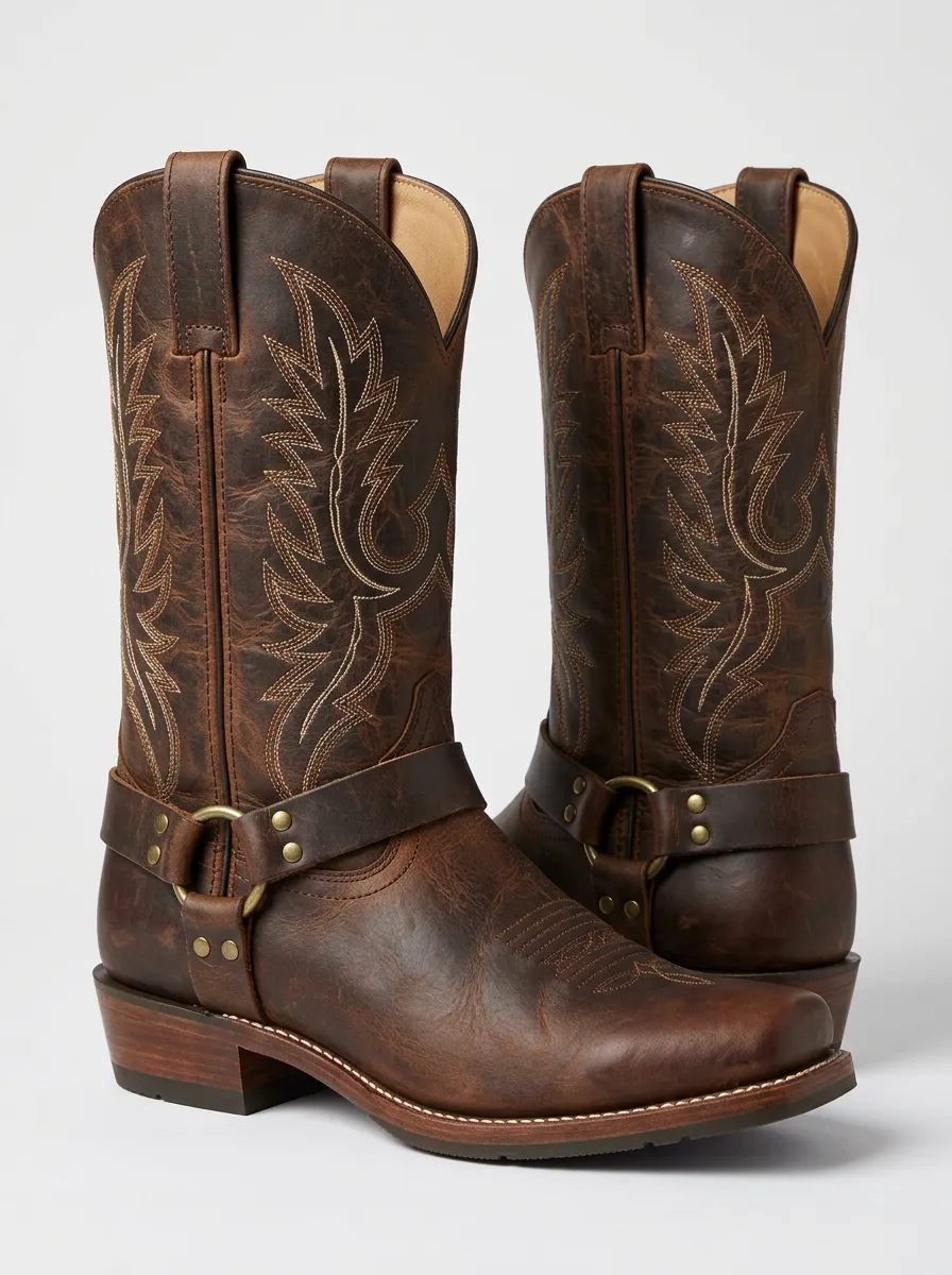 Men's Classic Western Embroidered Harness Brown Leather Boots