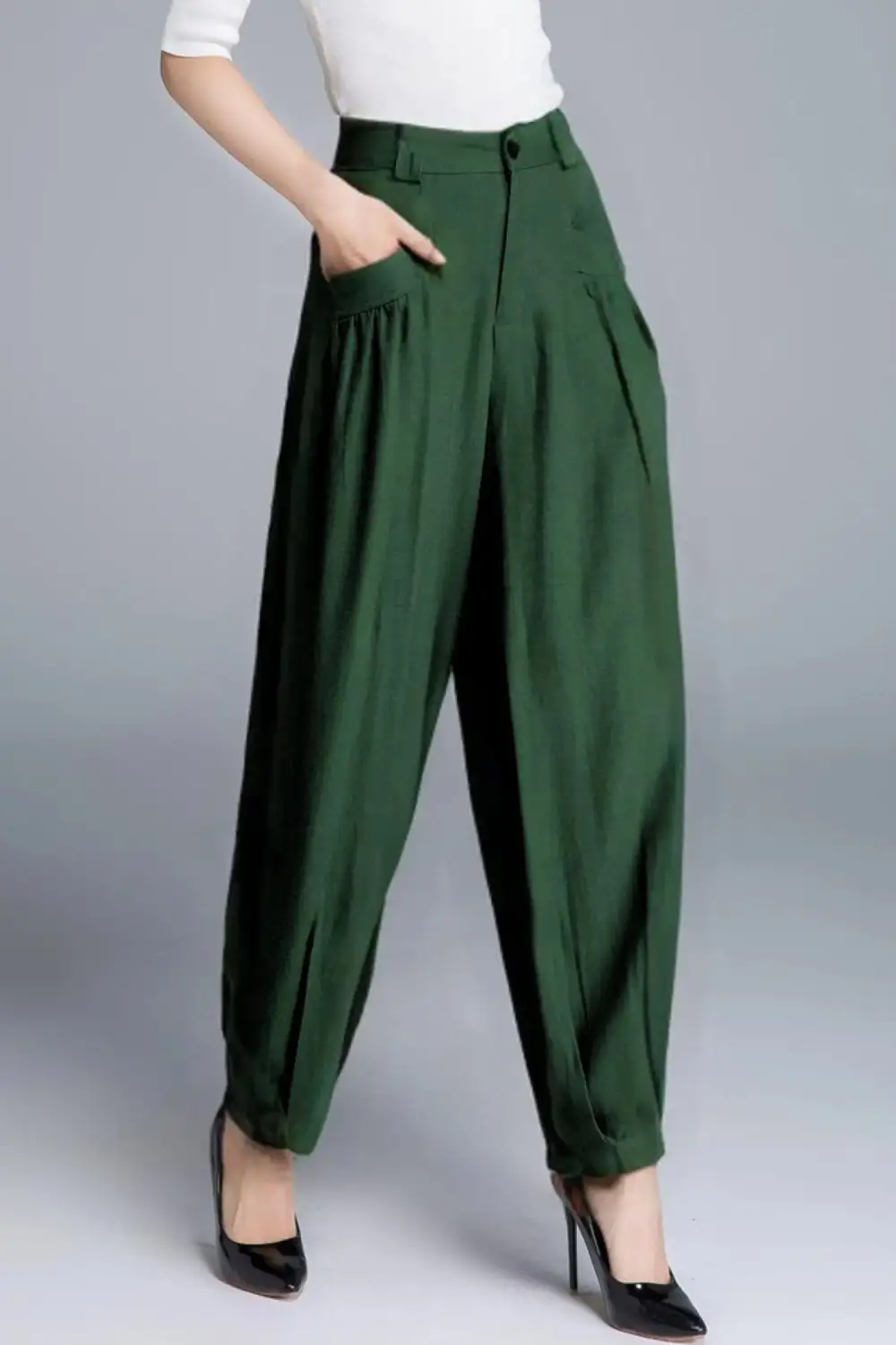 Linen Cotton Cropped High Waist Pocketed Trousers
