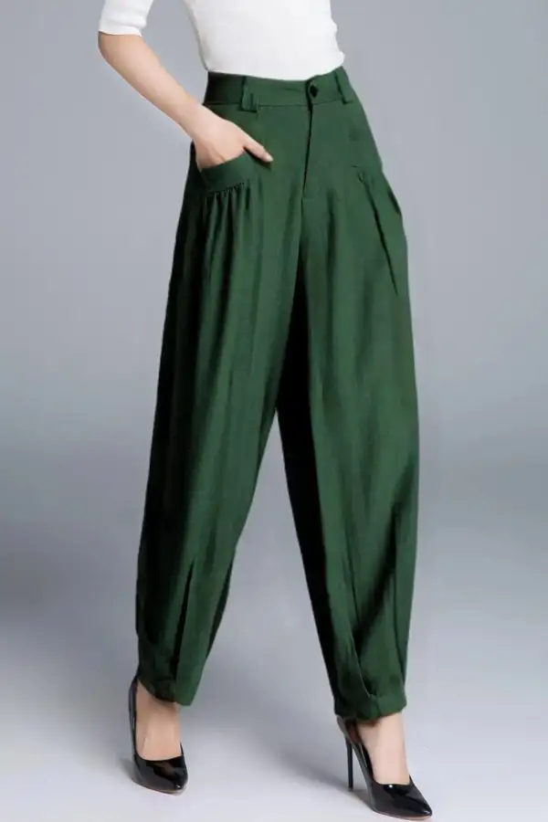 Linen Cotton Cropped High Waist Pocketed Trousers