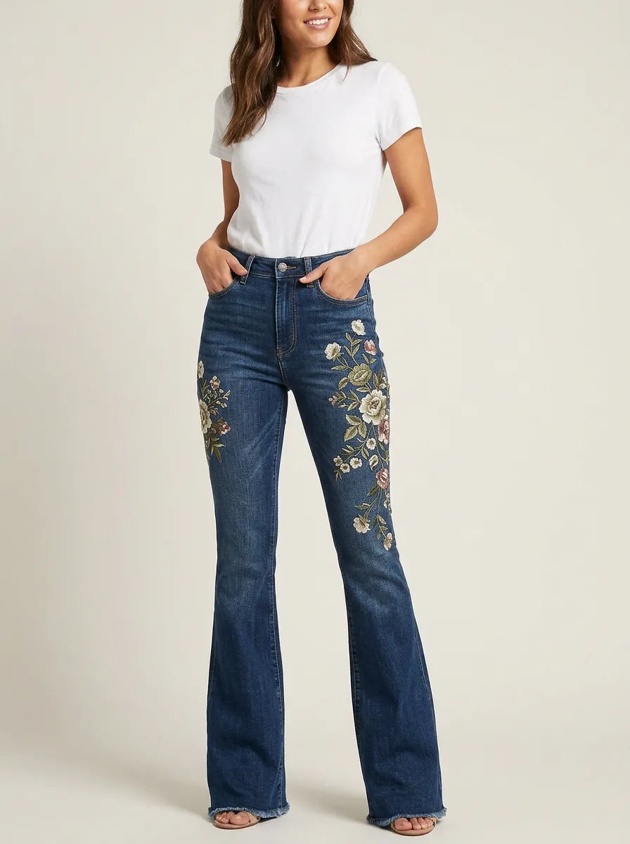 Women's Dark Wash Floral Embroidery High-Rise Flare Jeans