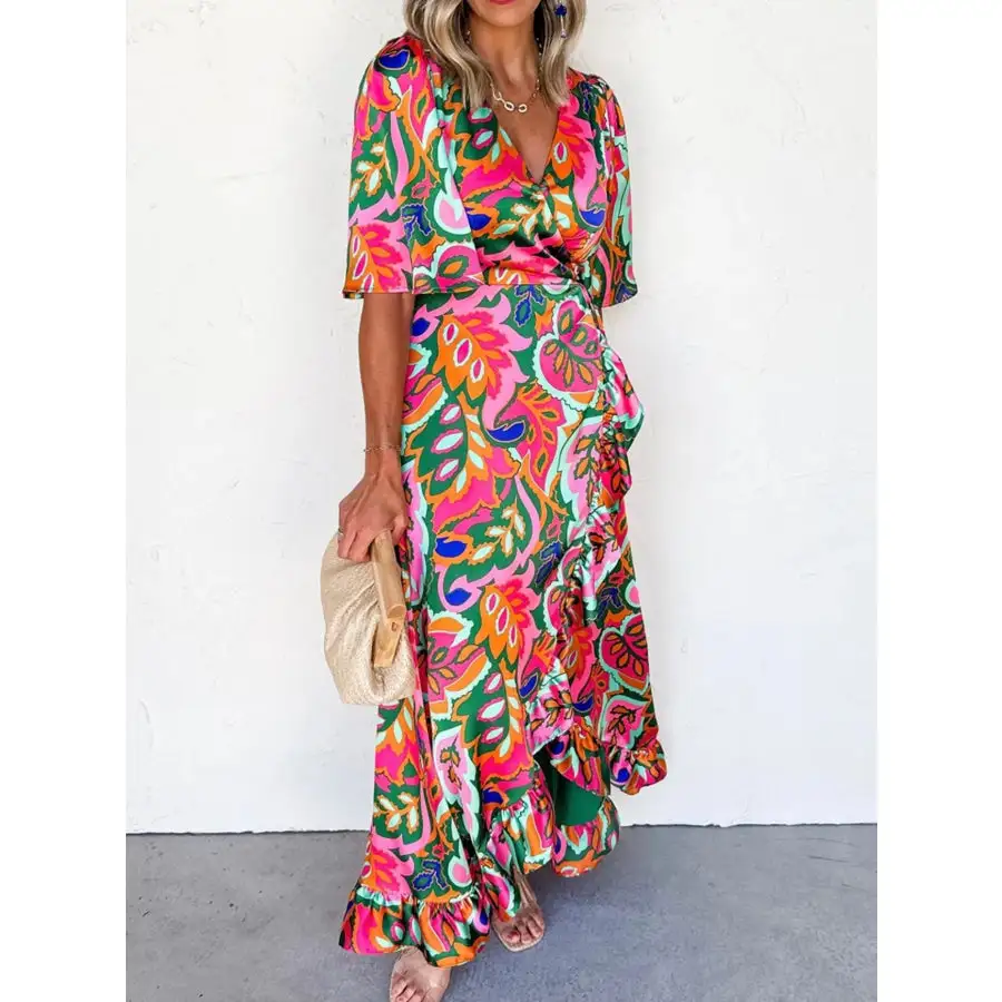 Floral Print Wrap Maxi Dress with Ruffle Details