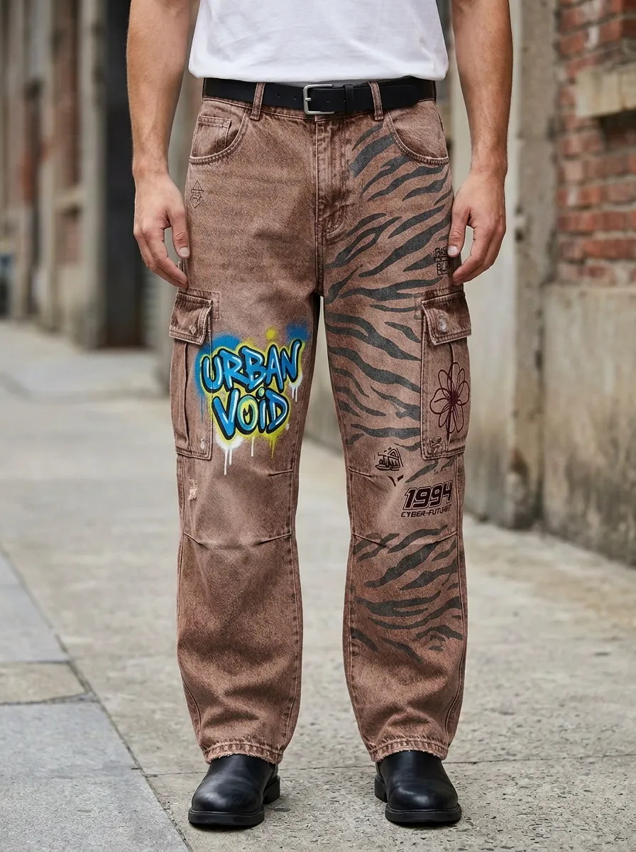 Men's Streetwear Urban Void Graffiti Tiger Stripe Printed Cargo Jeans